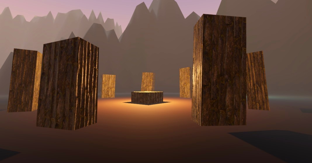 Standing stones at dusk with warm firelight and mountain silhouettes